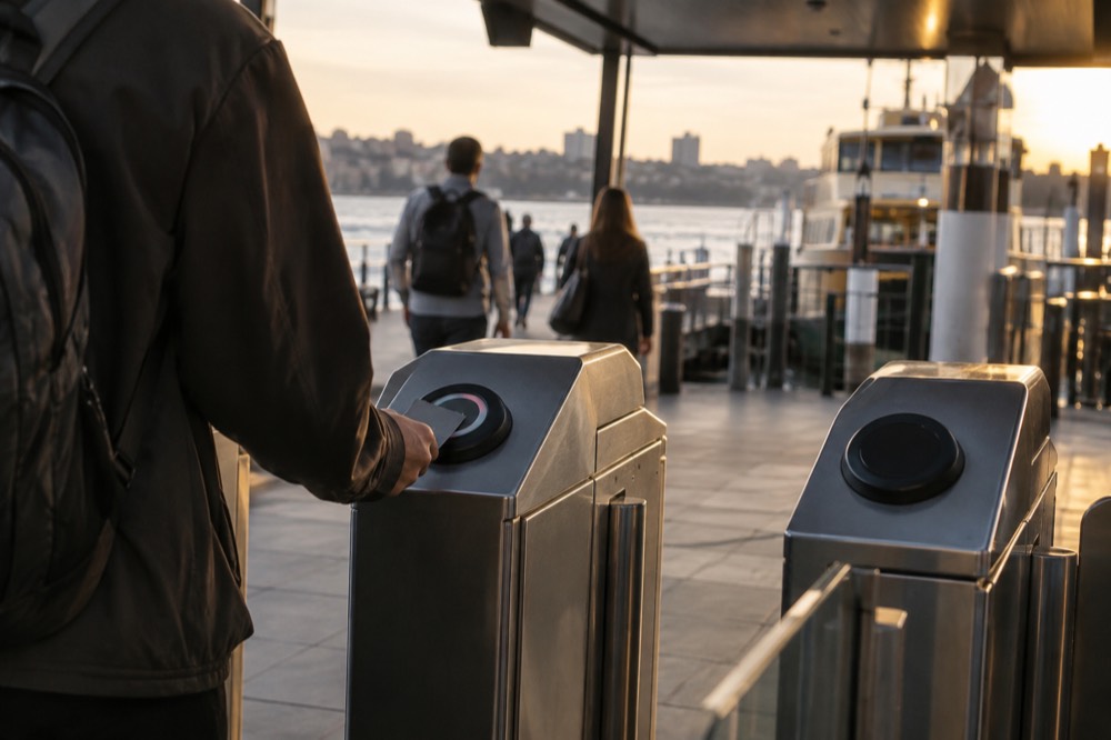 Commuter tapping an Opal card on a reader at a Sydney station gate