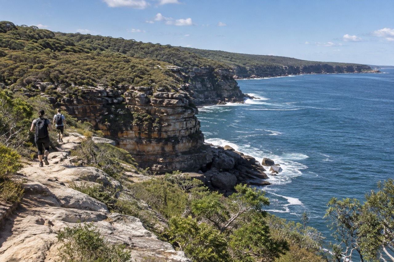 Sandstone cliffs and dense eucalypt forest along a coastal walking track