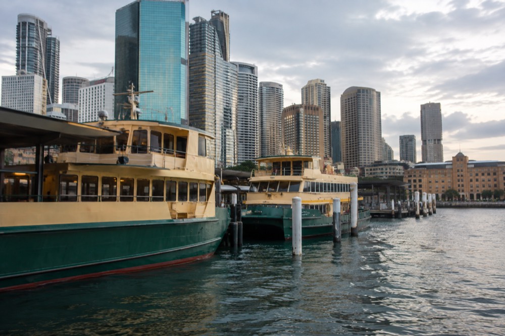 Ferries moored at Circular Quay wharves with the city skyline behind them