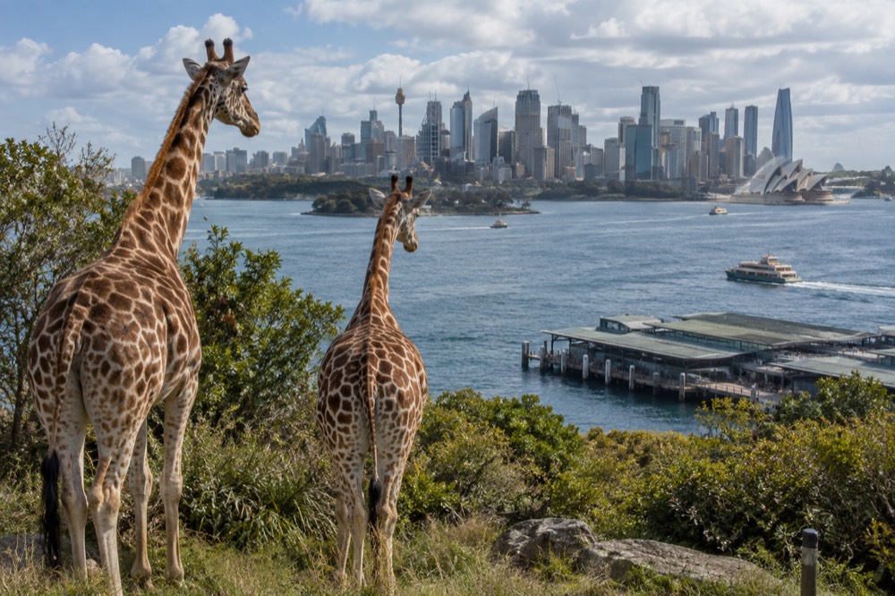 Giraffes standing on a hillside with Sydney Harbour and the city skyline behind them