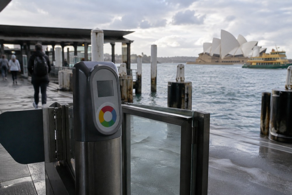 An Opal card reader at a Circular Quay ferry wharf gate