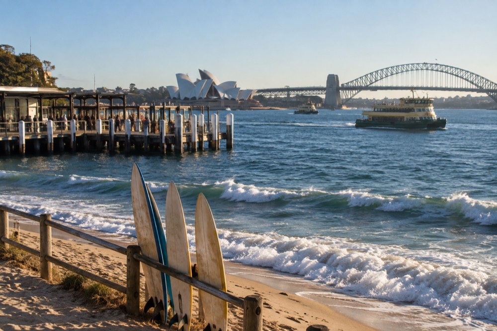 Surfboards standing upright in sand beside a low timber fence, with rolling whitewater behind them