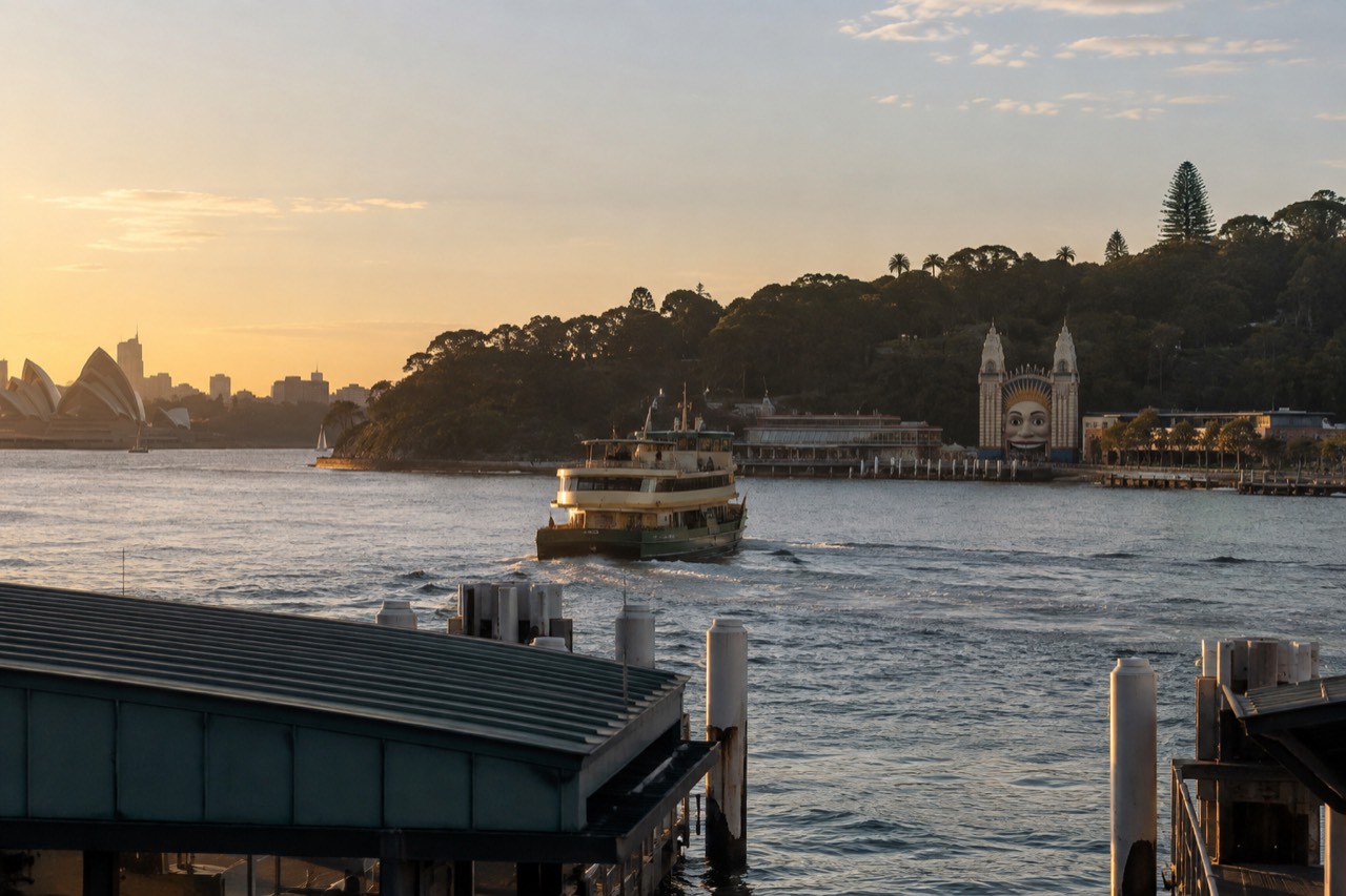A ferry on Sydney Harbour approaching a zoo entrance on a green hillside