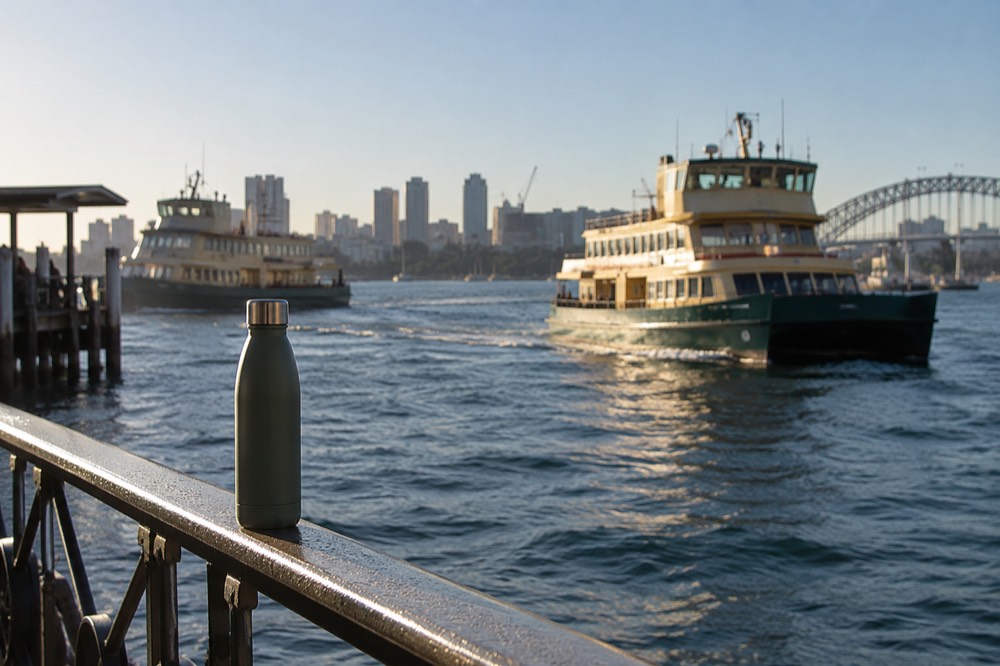 A reusable drink bottle resting on a harbour railing with ferries in the background