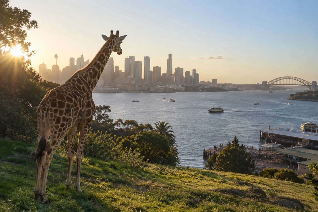 Giraffe standing on a green hillside with Sydney Harbour and city skyline in the background