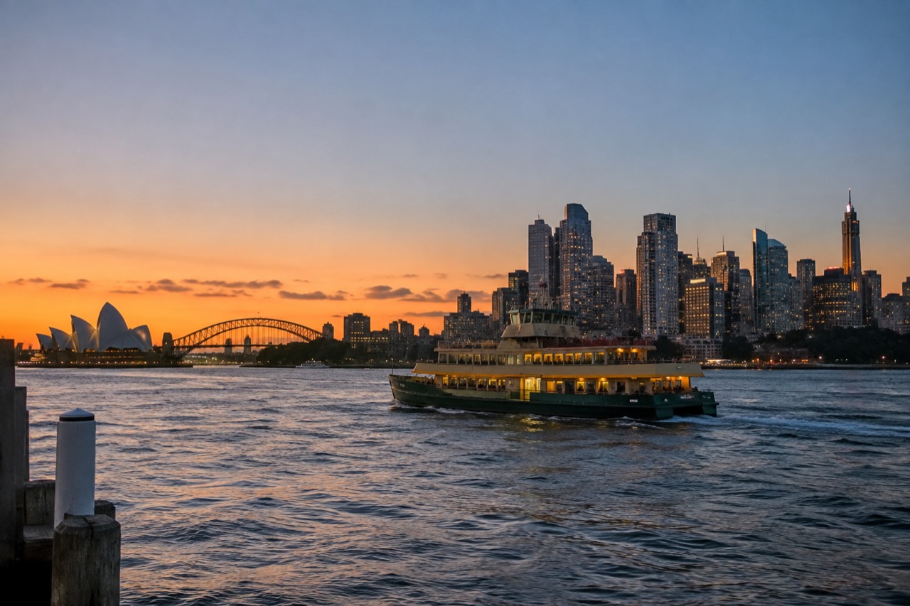 A Sydney ferry crossing the harbour with the city skyline behind it