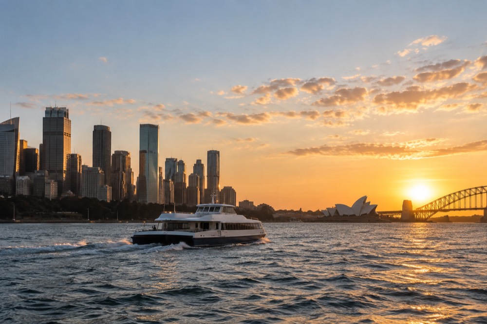 A small catamaran under way on Sydney Harbour at sunset with the skyline behind it