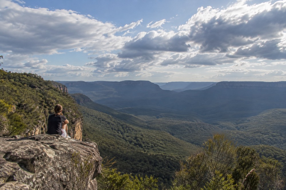 Blue mountain ridges fading into haze above a forested valley at Katoomba
