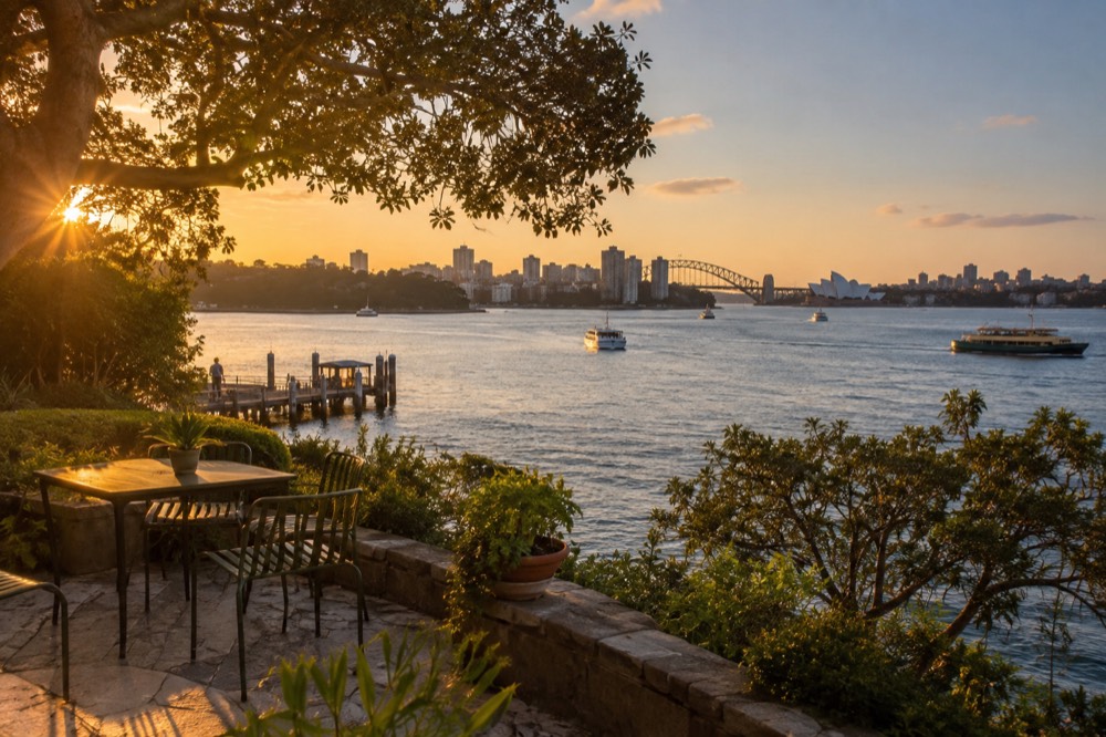 A quiet harbourside garden terrace overlooking Sydney Harbour at Lavender Bay