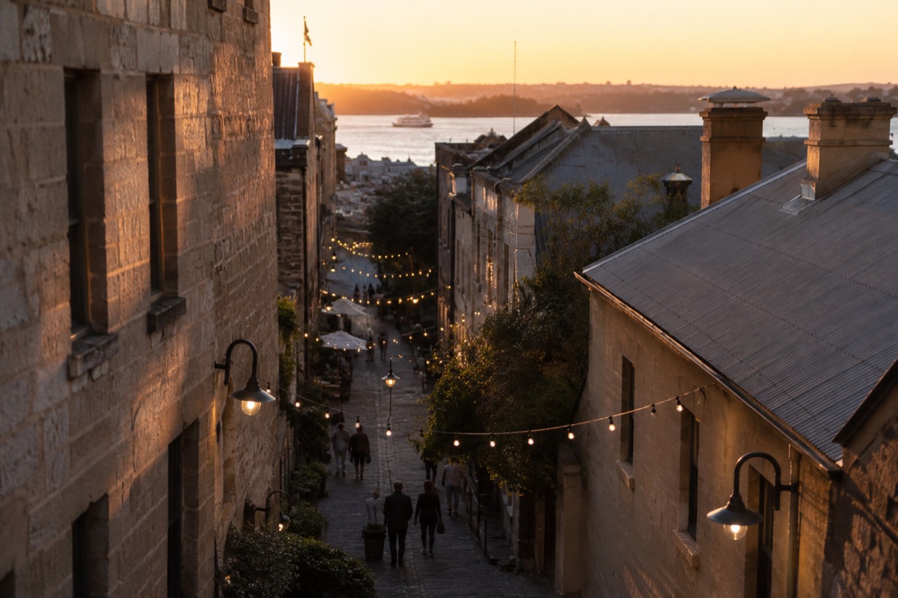 Fairy lights and old sandstone laneways in The Rocks at dusk
