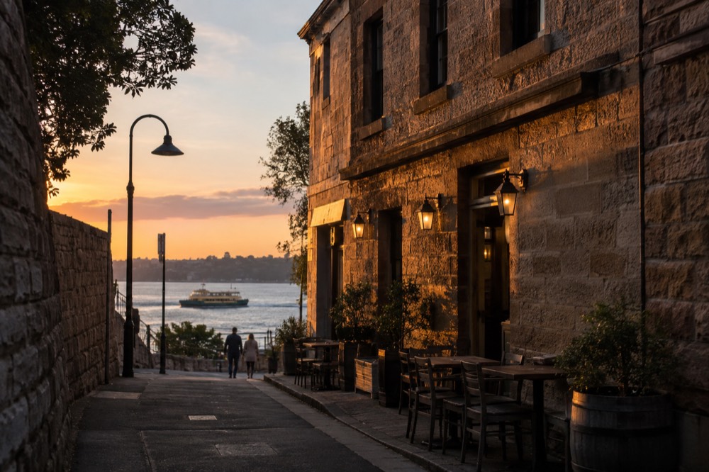 A sandstone wall and old pub facade in The Rocks lit by warm evening light