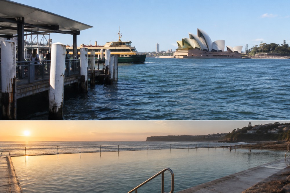 An ocean pool at the edge of a Sydney beach with calm water at sunrise