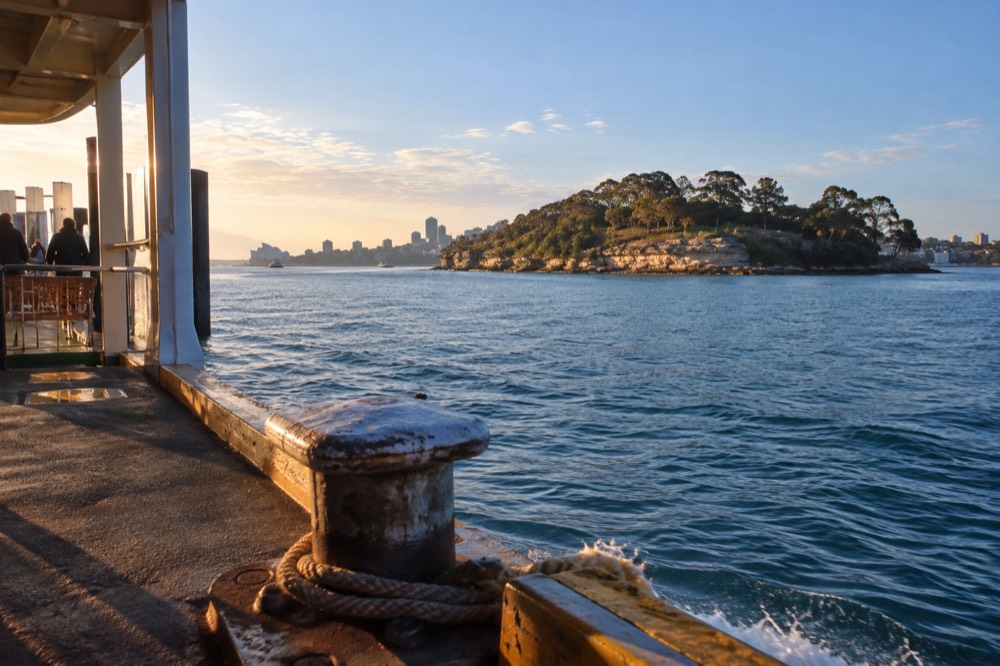 A small harbour island with sandstone ledges and eucalyptus trees seen from the water