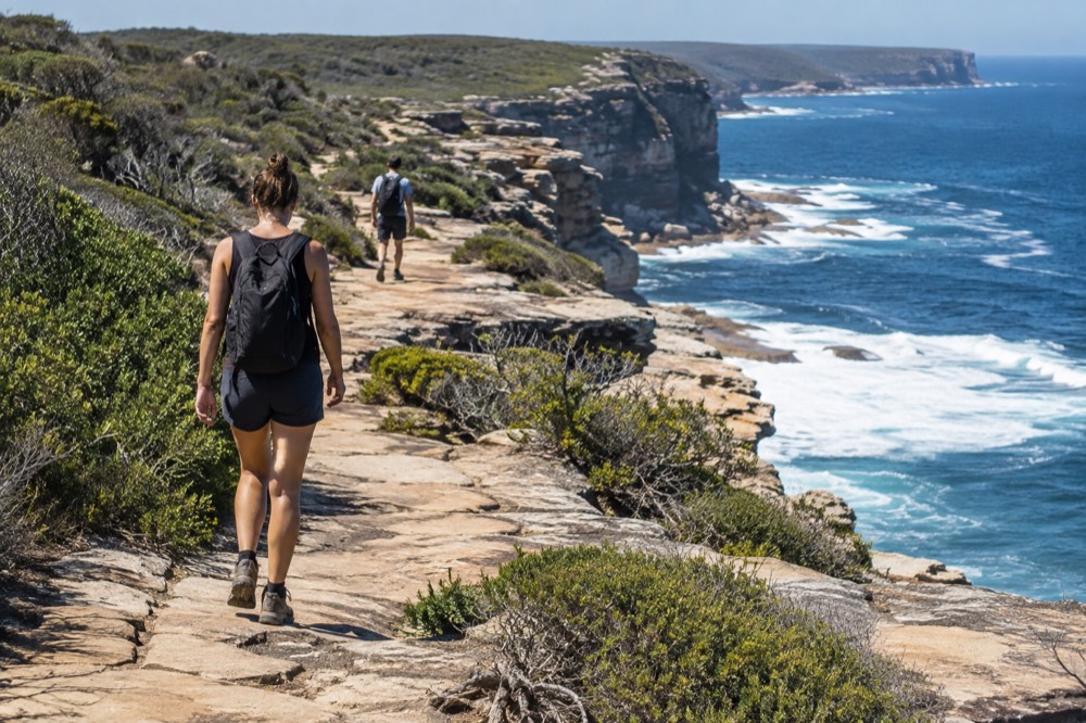 A sandstone clifftop path above the ocean on the Royal National Park coast track
