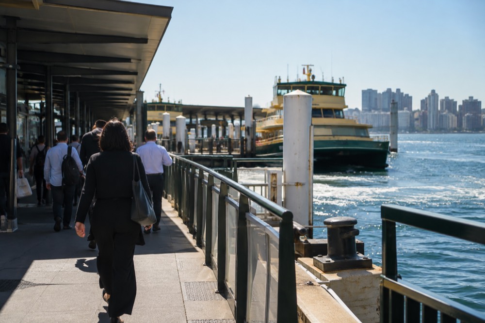 Commuters walking through a Sydney train station concourse in the morning