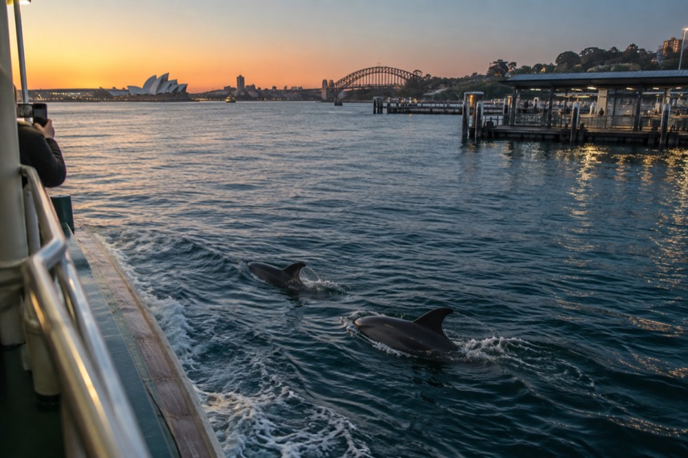 Dolphins swimming beside a boat in clear blue harbour water