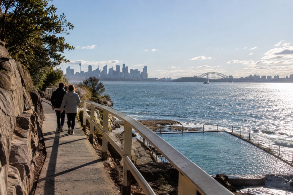 Coastal path above ocean pools with the winter sun over the water