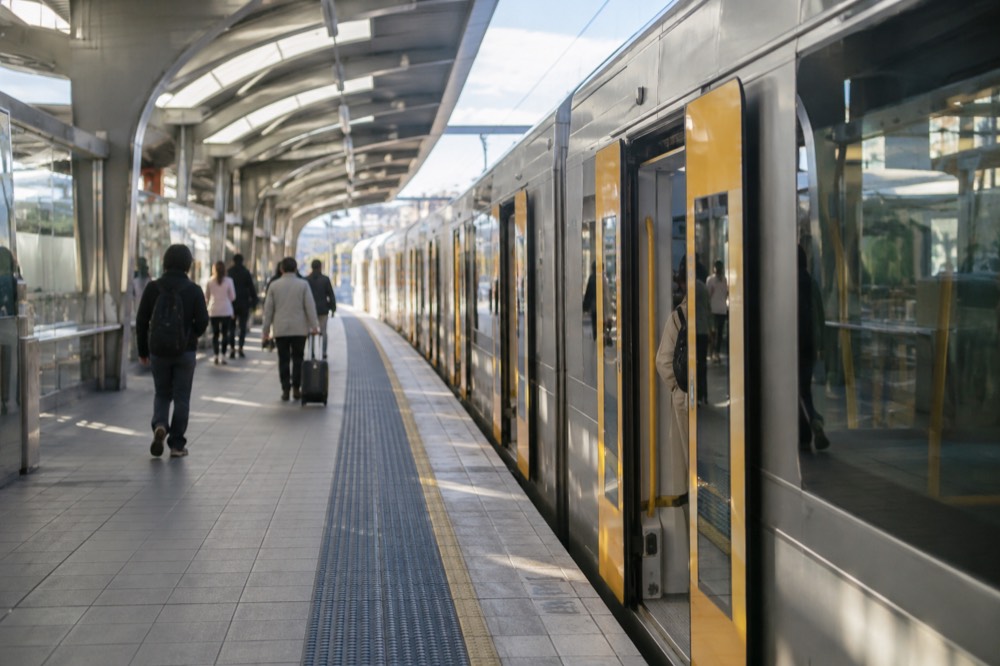Airport train platform at Sydney Airport station with a commuter train at the door