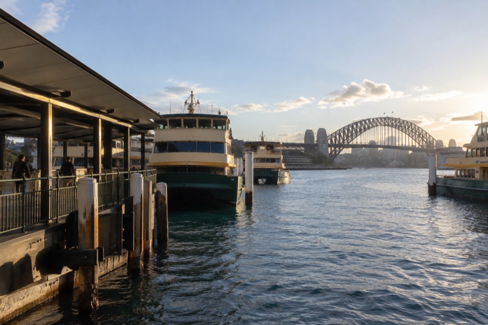 Ferries moored at Circular Quay with the Harbour Bridge in the background
