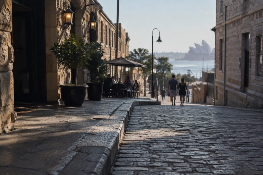 Historic sandstone laneway in The Rocks with old pubs and cobbled paving