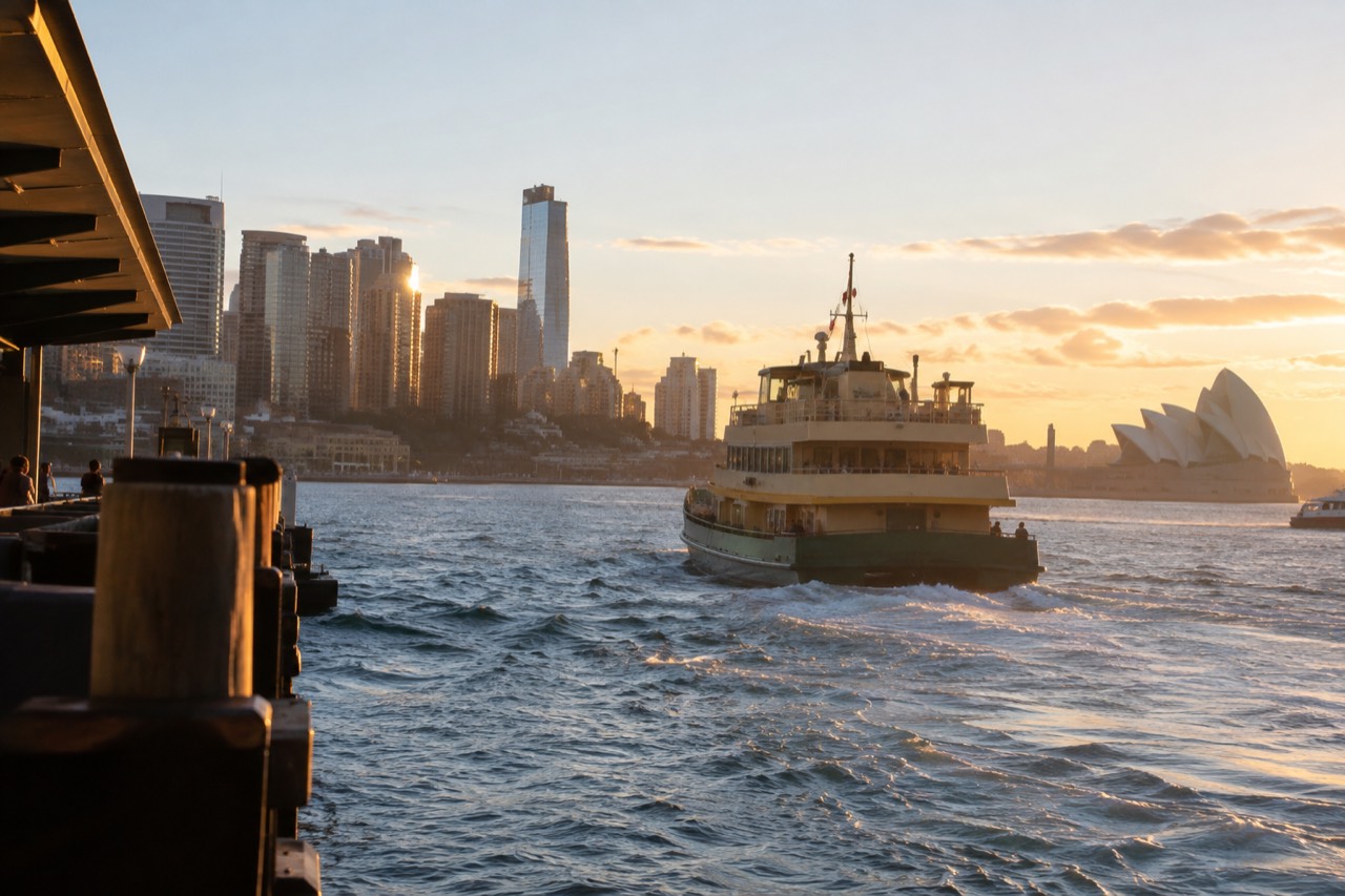 A Sydney ferry crossing the harbour with the city skyline behind it in late afternoon light