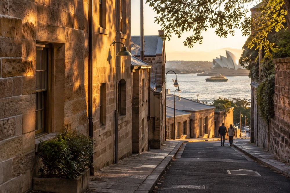 Sandstone buildings and a quiet laneway in the Rocks historic precinct