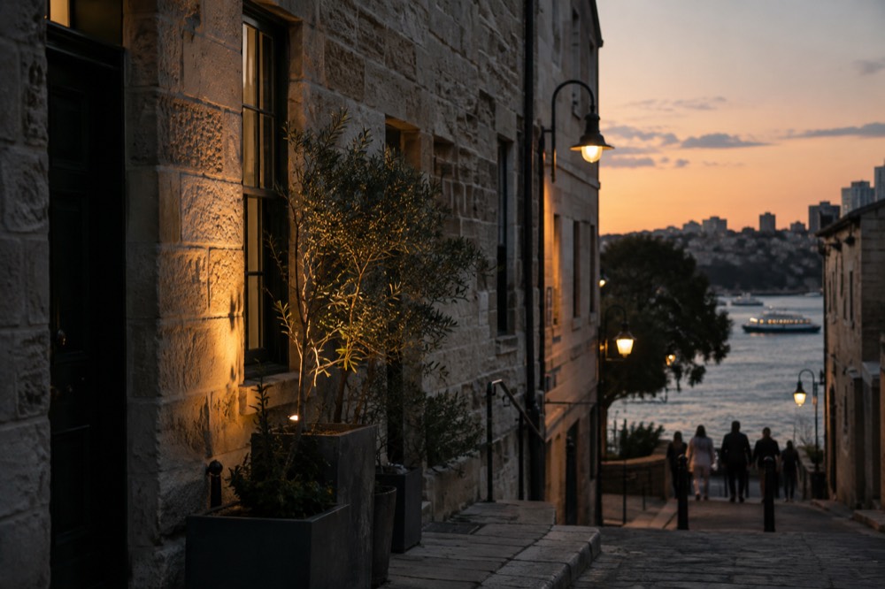 Historic sandstone buildings and laneways of The Rocks district at street level