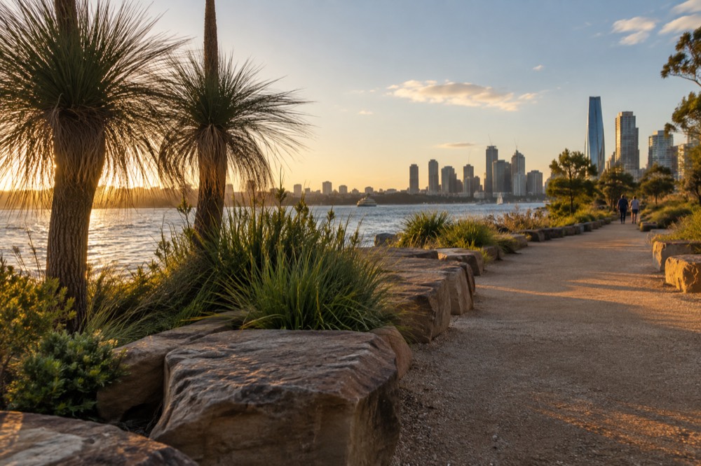 Grass trees and sandstone blocks along a headland walking path with city towers behind