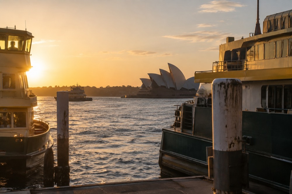Ferries moored at Circular Quay with the Sydney Opera House in the background