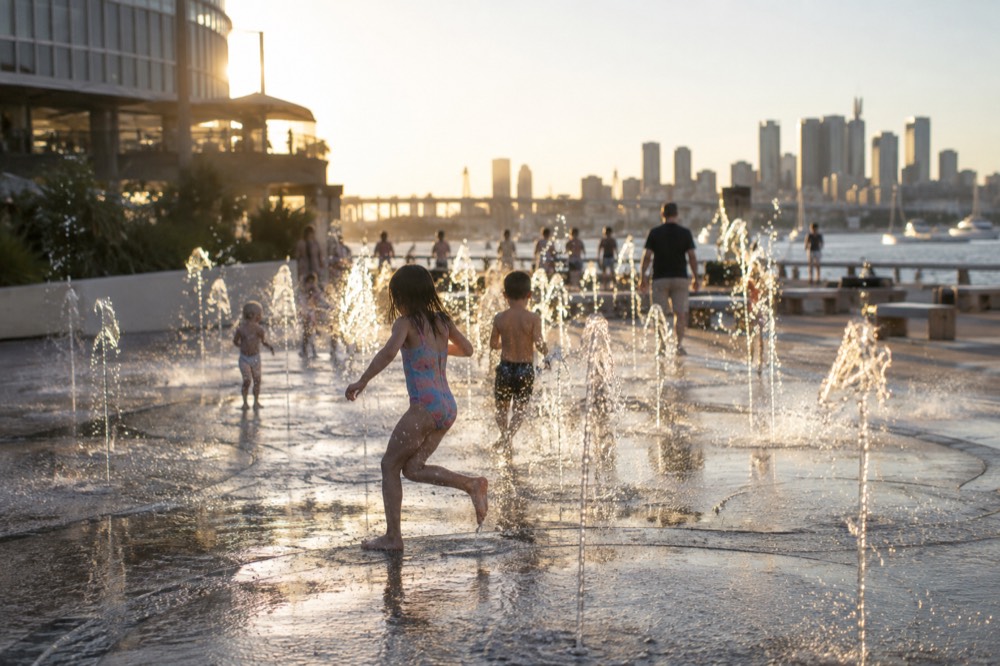 Children's water playground with fountains beside a modern exhibition building