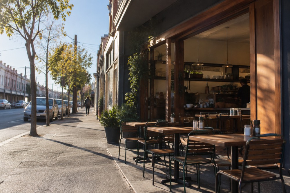 A narrow eatery frontage with a lit sign and tables visible through the window