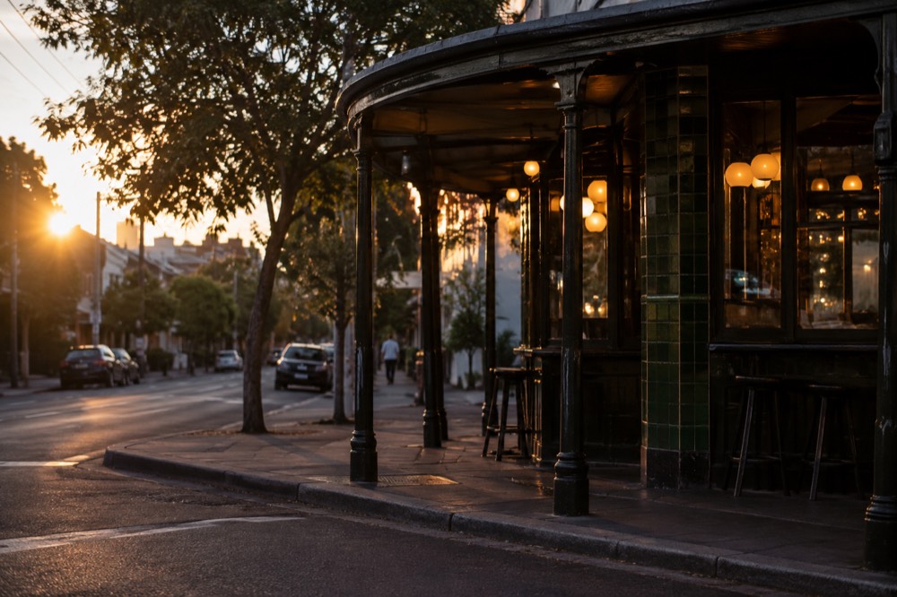 A corner pub with a lit verandah and empty street at dusk