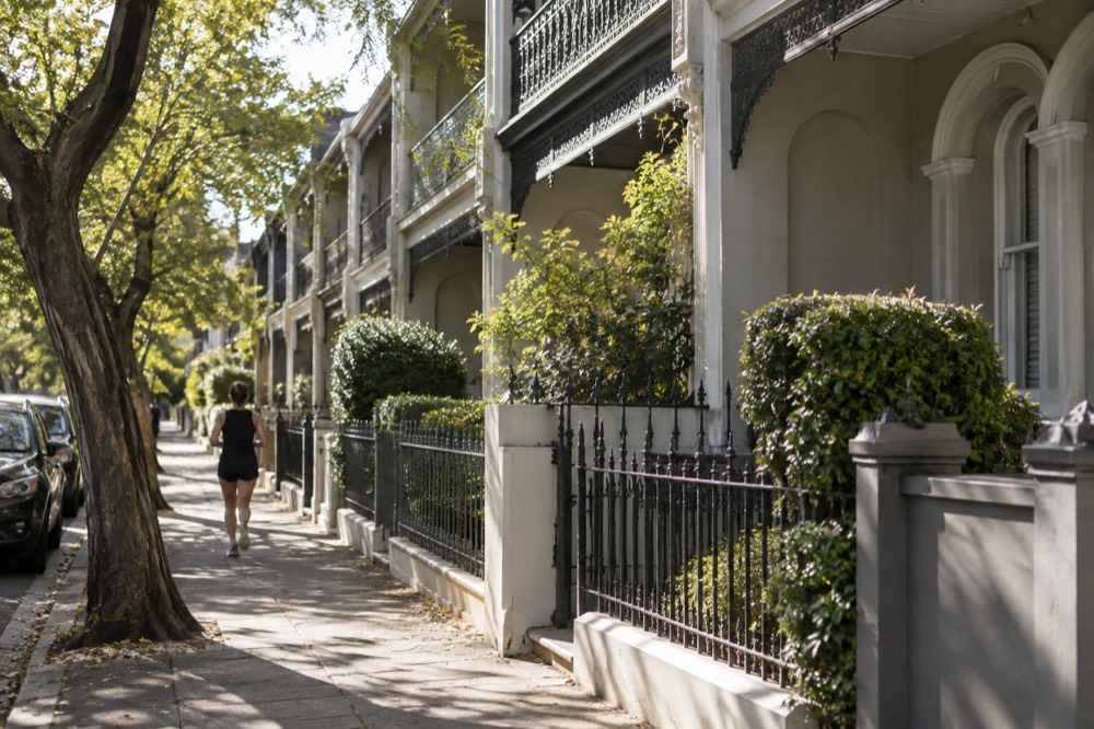 Sunlit row of Victorian terrace houses with decorative iron balconies in Paddington