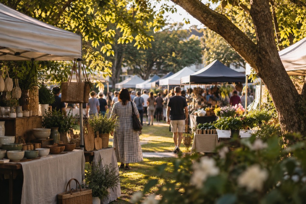 Market stalls with crafts and produce under trees at a weekend market