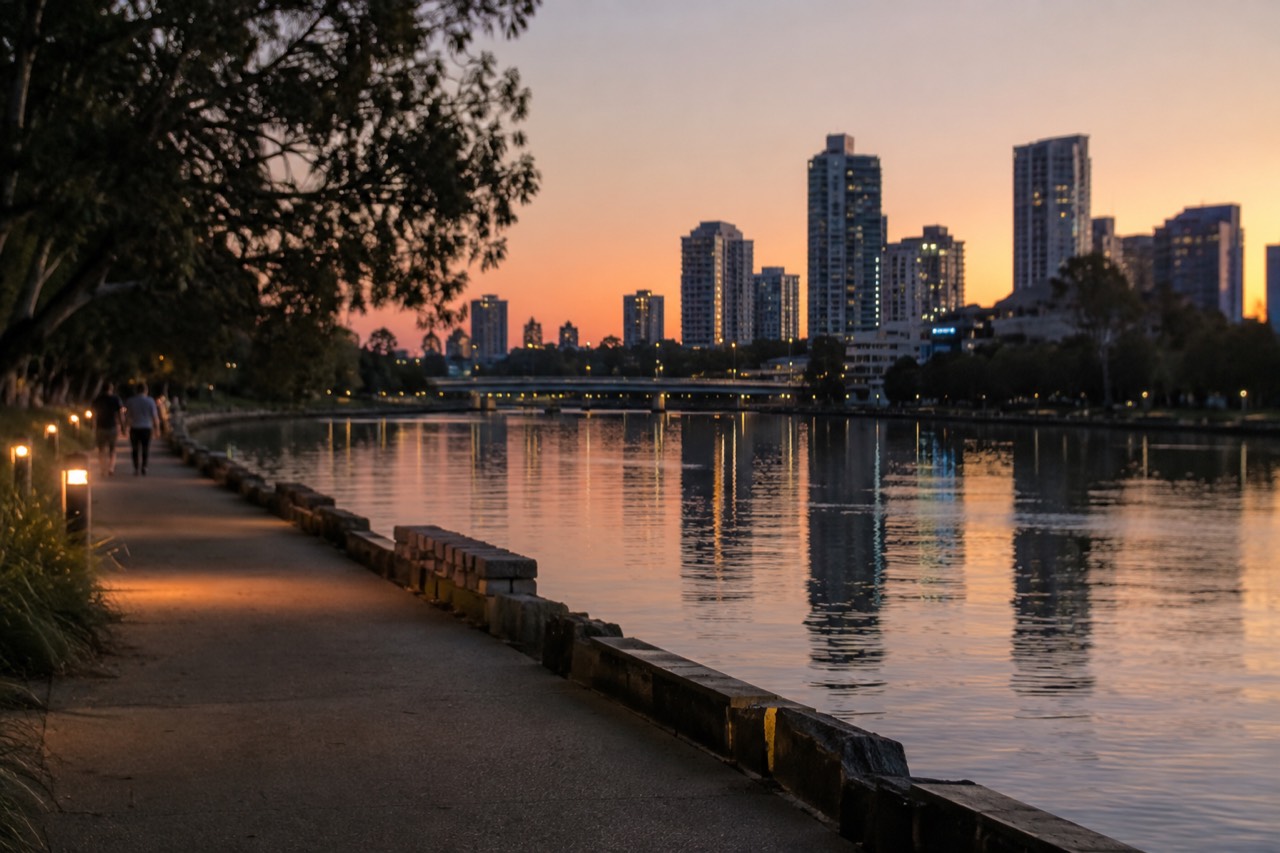 Parramatta River foreshore with city towers behind a quiet riverside walkway