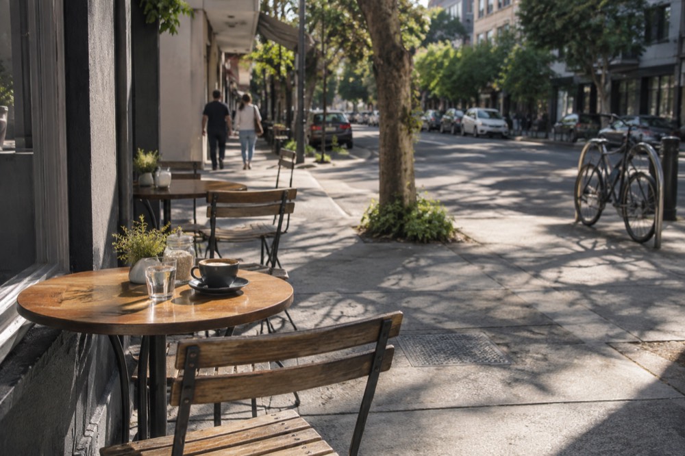 Cafe tables on the footpath outside a corner shop on Crown Street
