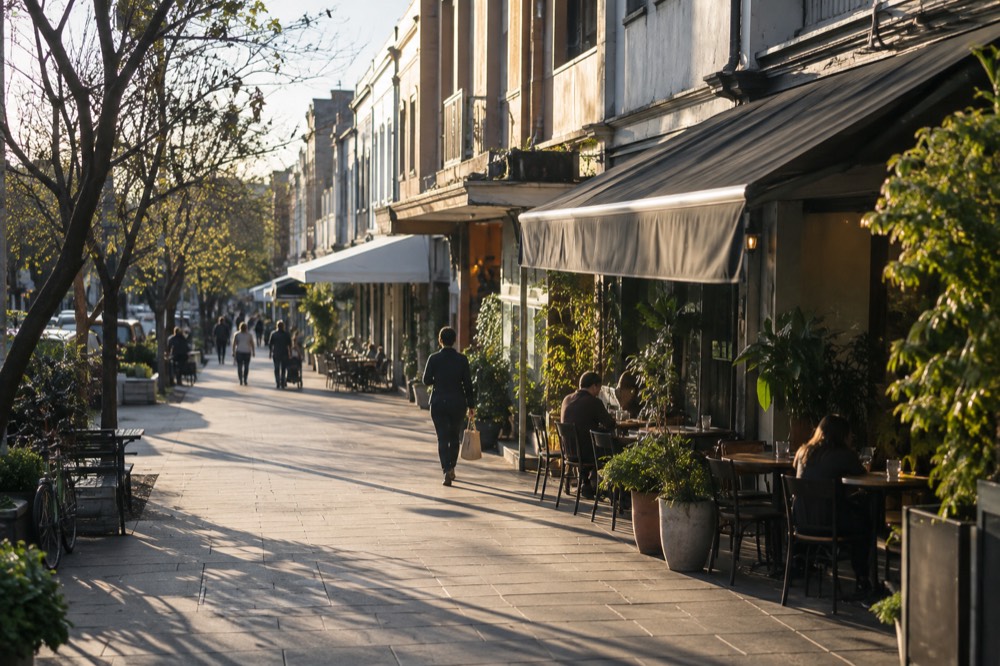 A wide pedestrian street lined with bookshops and cafes under awnings