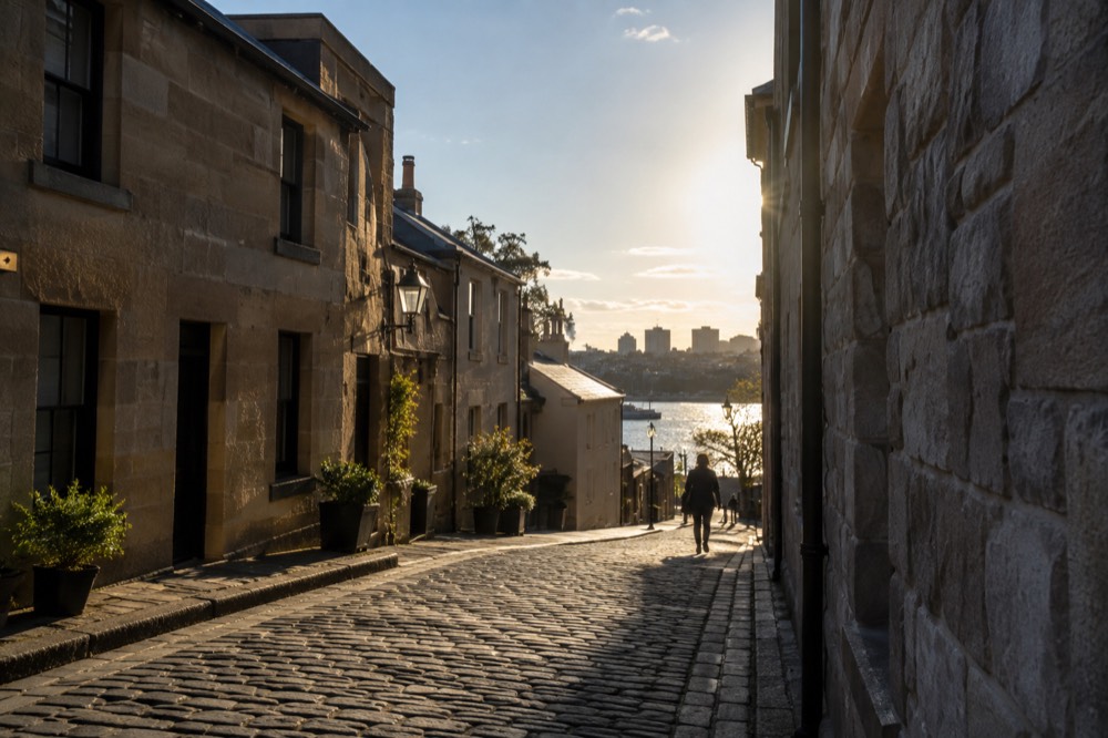 Cobblestone lane between sandstone terrace buildings in The Rocks on a bright morning