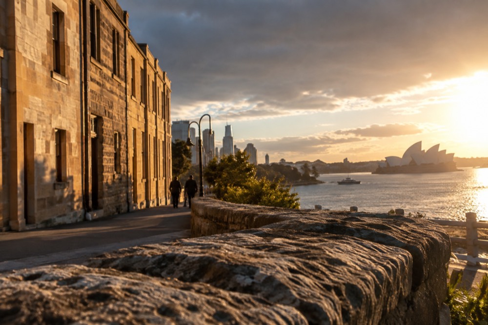 Golden late afternoon light on sandstone buildings and harbour skyline from The Rocks