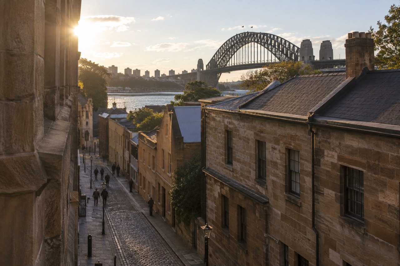 Sandstone heritage buildings and cobbled laneway in The Rocks with the Sydney Harbour Bridge above