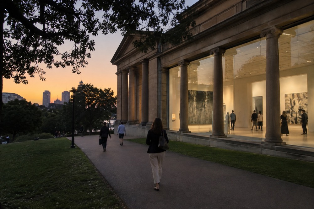 Visitors walking through a bright modern gallery space with large artworks