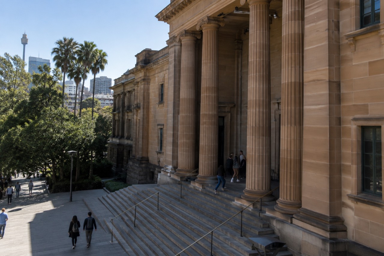 The columned sandstone facade of the Australian Museum on a bright morning