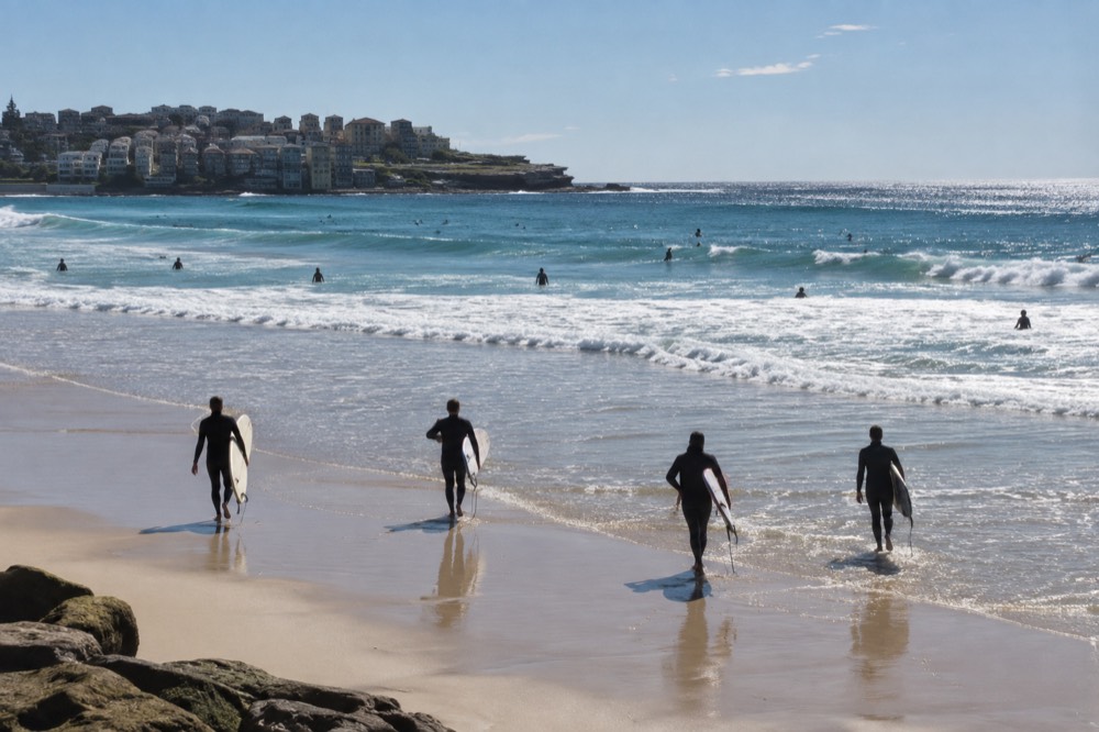 Surfers in wetsuits walking across wet sand toward small waves at Bondi