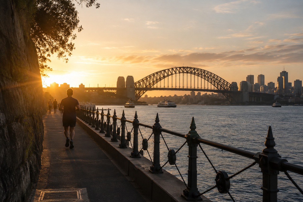 The steel arches of the Sydney Harbour Bridge rising above the water at dusk, with the city skyline behind