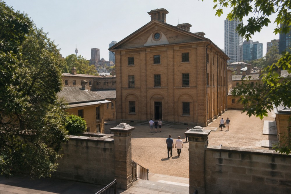 A sandstone museum entrance with a small courtyard and information signs