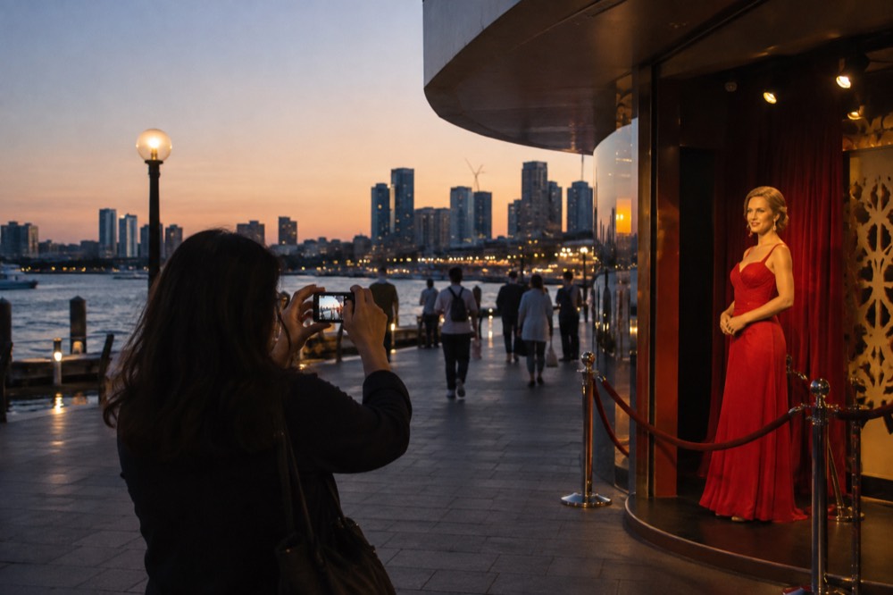 A visitor photographing a wax figure under warm spotlights in a themed museum set