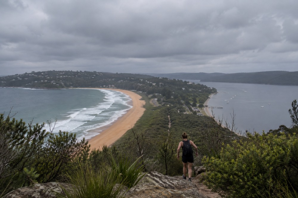 View from Barrenjoey Head over the long sand spit and calm water behind it
