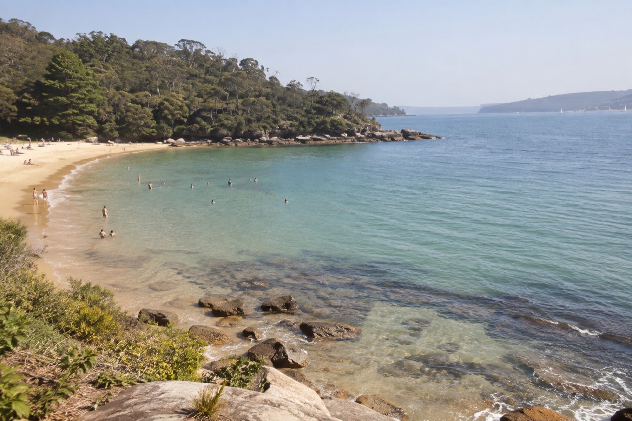 A calm curved beach with clear shallow water and tree-covered headland in the background