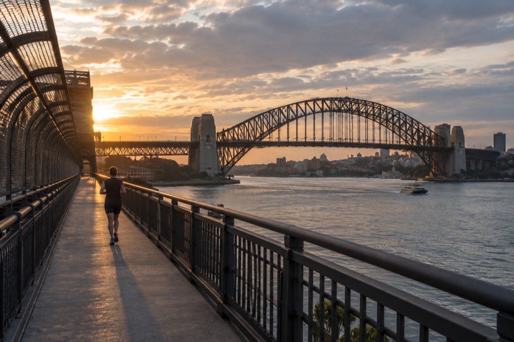 The bridge at sunrise with warm light on the steel arch and an empty walkway