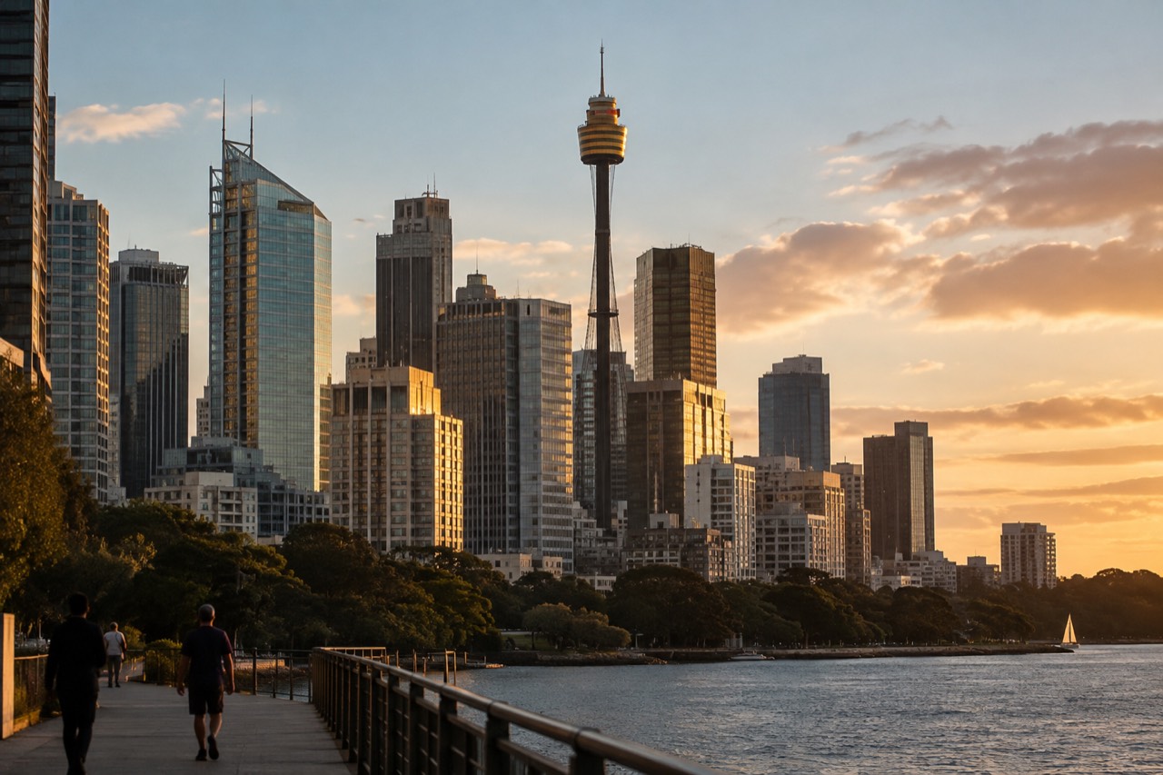 Golden tower rising above the Sydney city skyline in late afternoon light